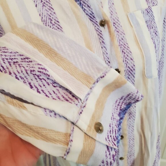 Chico's Button Up Shirt Size 0 US Small Lightweight White Blue Tan Stripes Coast - Picture 7 of 13